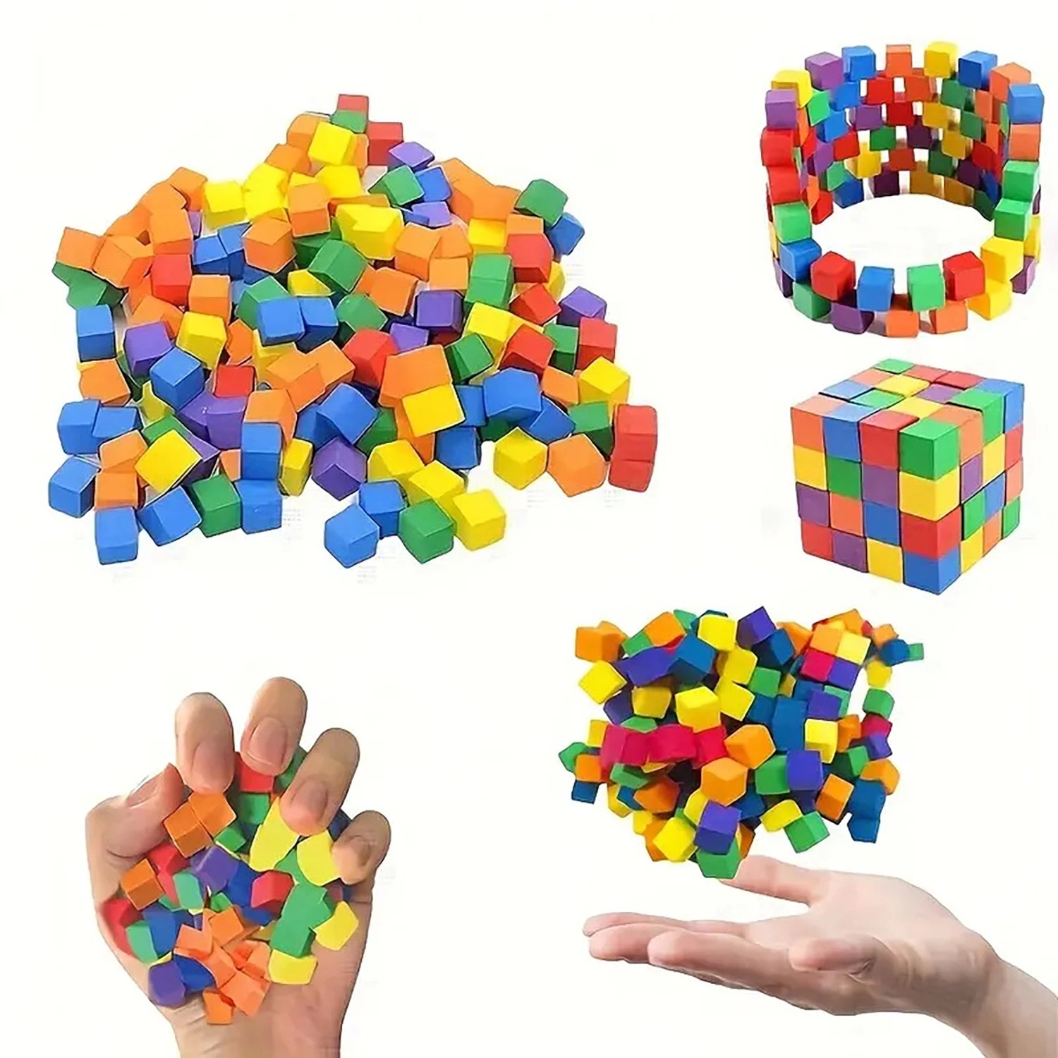 DIY puzzle and stress relief toys made of clay blocks, colorful cube blocks, and stress relief toys