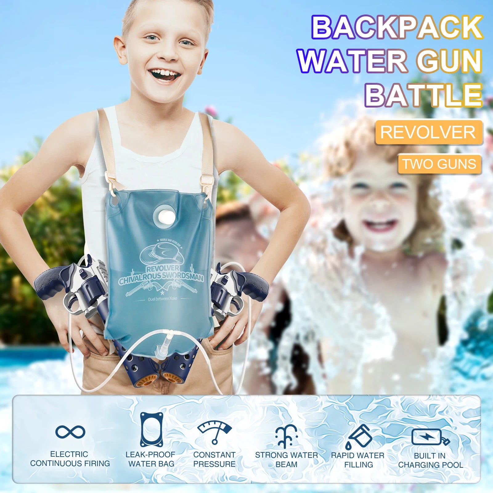 Summer Electric Backpack Automatic Revolver Water Gun Fights Toy Water Absorbing Guns Outdoor Beach Swimming Pool Toys for child