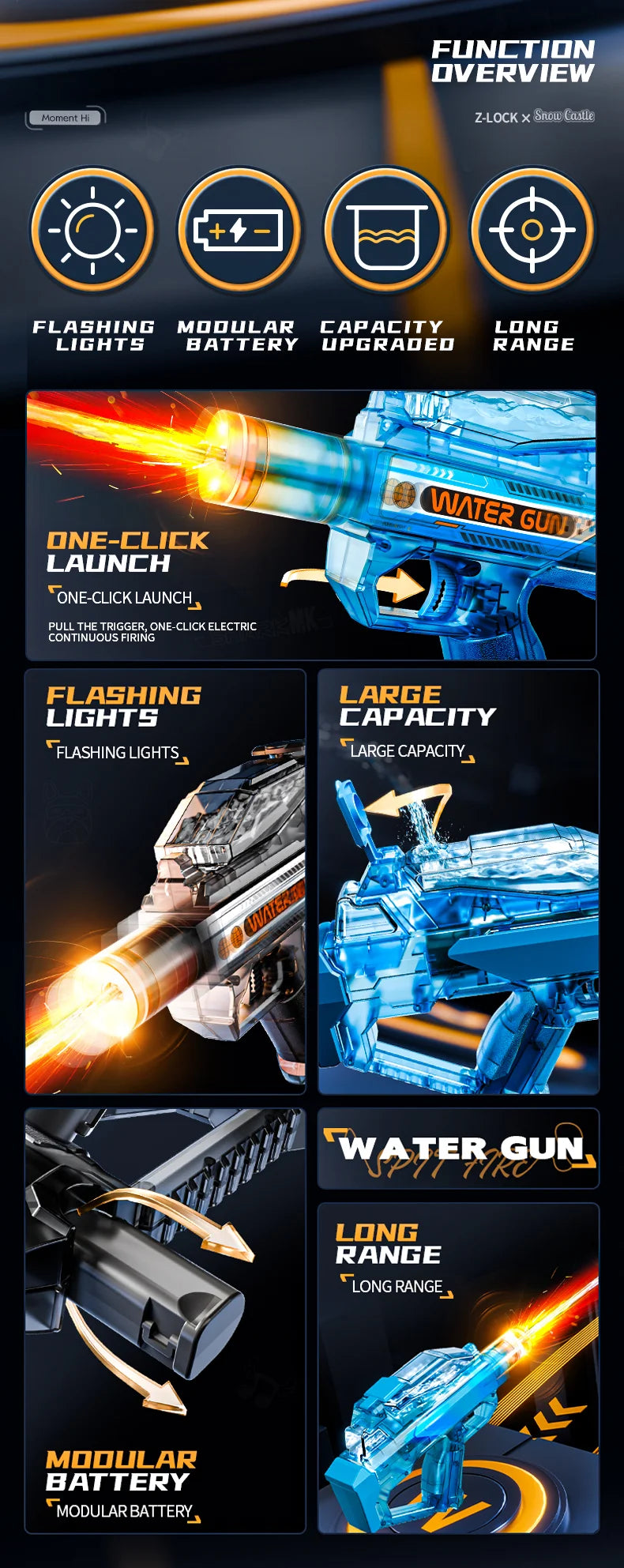 New adult electric water guns with lights, powerful with automatic water, summer outdoor and beach toys, great gifts for kids