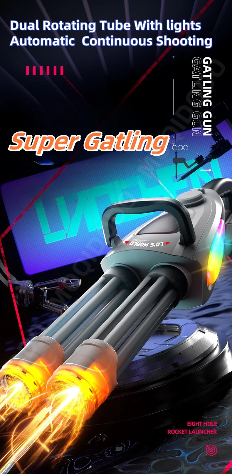 Automatic Double Rotating Gatling Water Gun Toy Gun Barrel with LED Spray Water Pistol Blaster Pool Outdoor Toy for Kids Adult