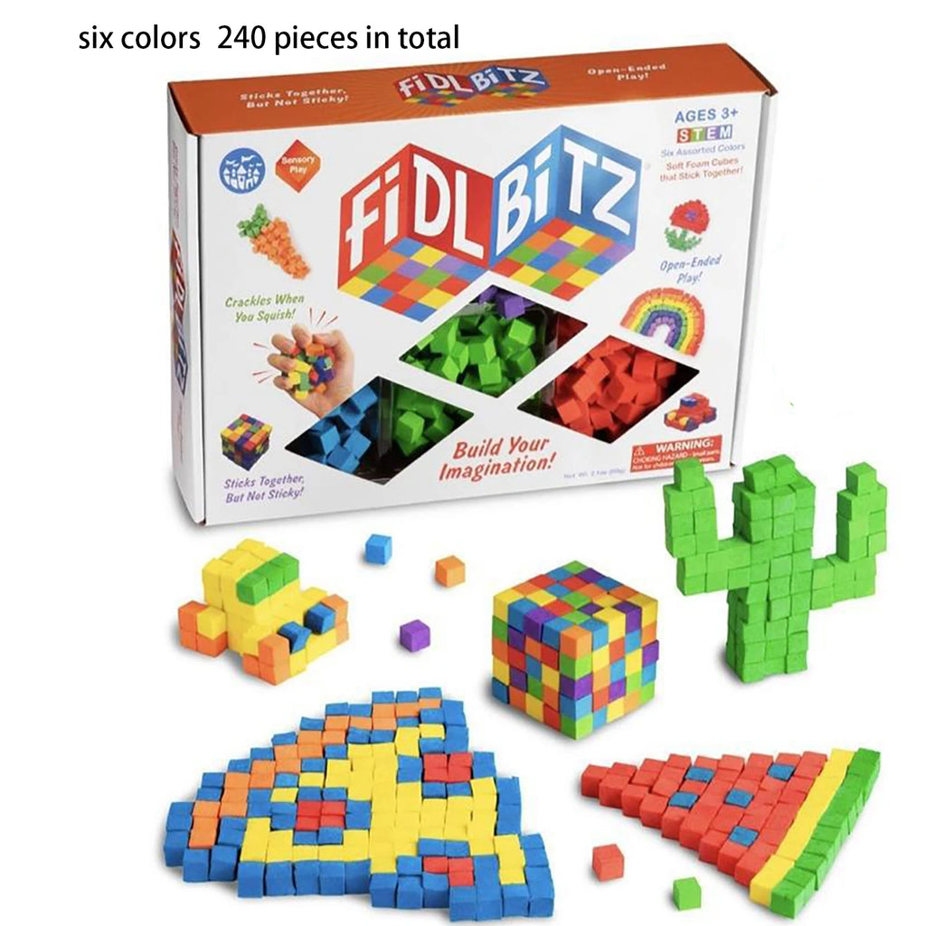 DIY puzzle and stress relief toys made of clay blocks, colorful cube blocks, and stress relief toys