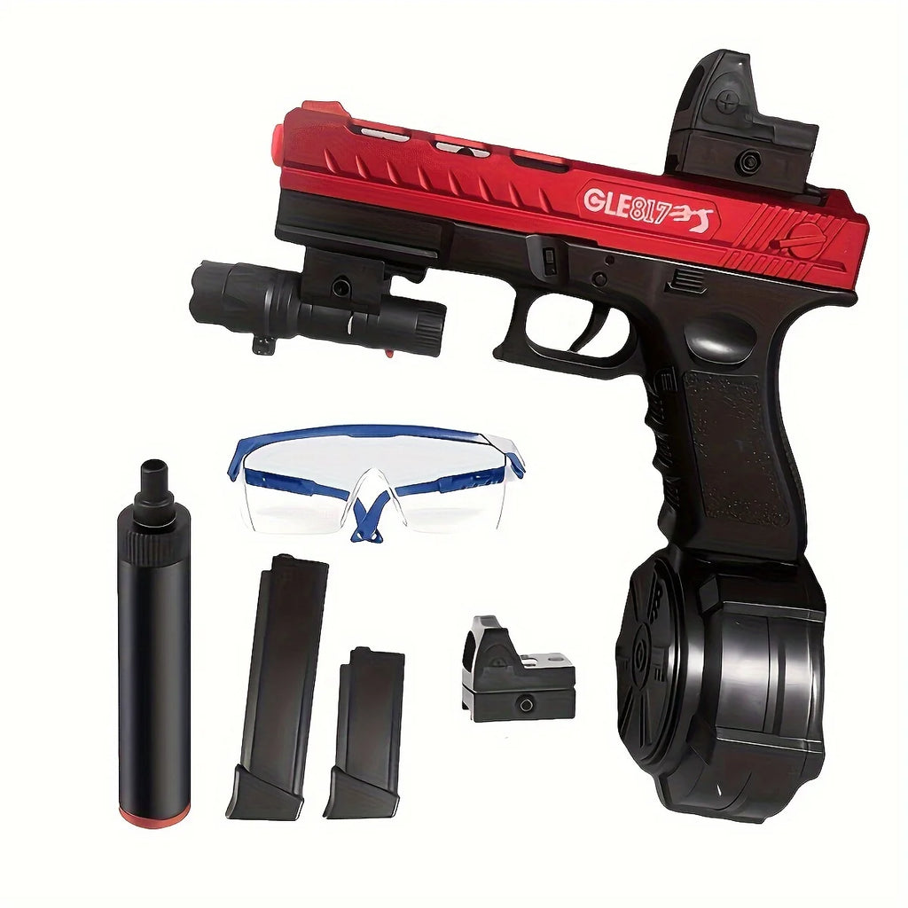 Red Electric Gel Ball Blaster Gun GLE817 - Automatic Ball Toy with Drum Mag, Red Dot & Flashlight for Outdoor Games