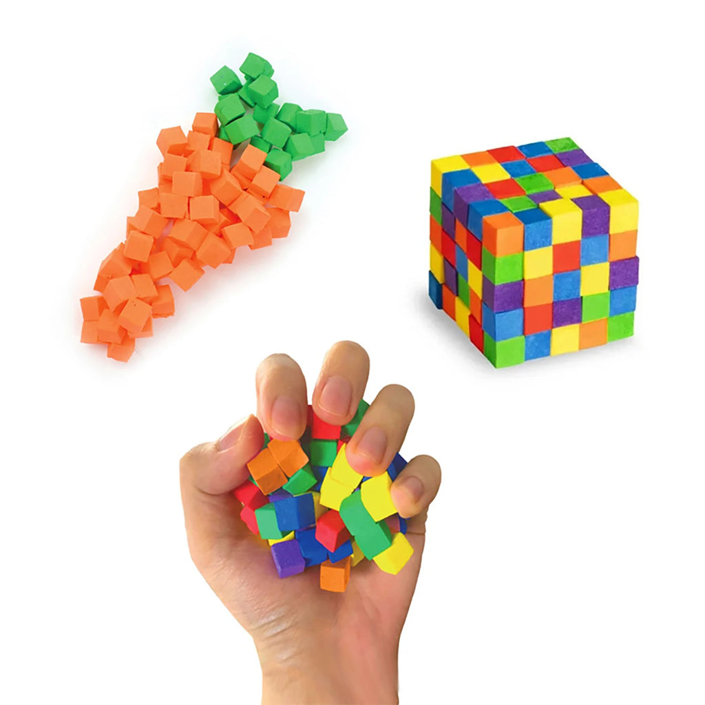 DIY puzzle and stress relief toys made of clay blocks, colorful cube blocks, and stress relief toys