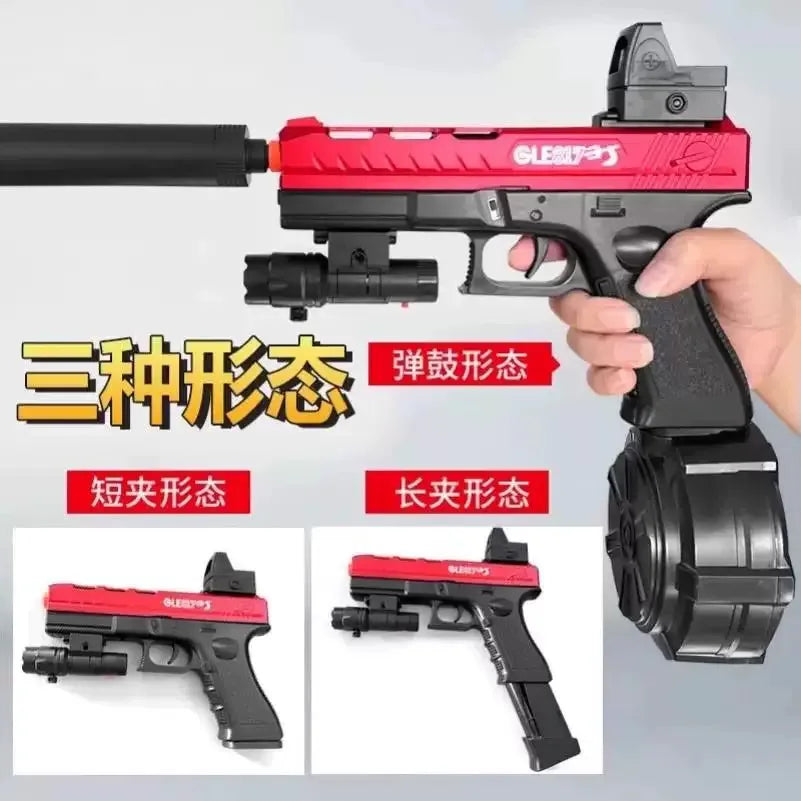 Red Electric Gel Ball Blaster Gun GLE817 - Automatic Ball Toy with Drum Mag, Red Dot & Flashlight for Outdoor Games