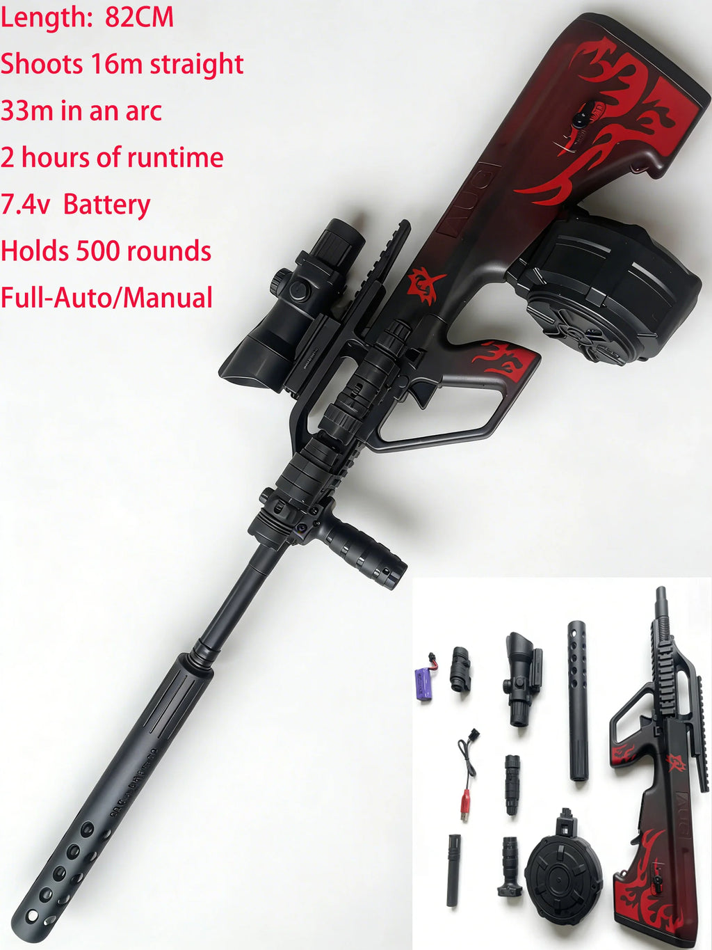 AUG-Style Automatic Gel Water Bead Blaster: 500rd Drum & 16m Range - Outdoor Sports Shooting Game Toy for Adults