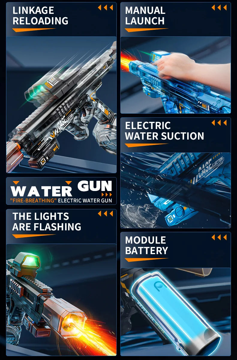 Flame Effect Electric Water Guns For Powerful Squirt Automatic Water Suction Water Blasters Summer Outdoor Beach Toy For Gift