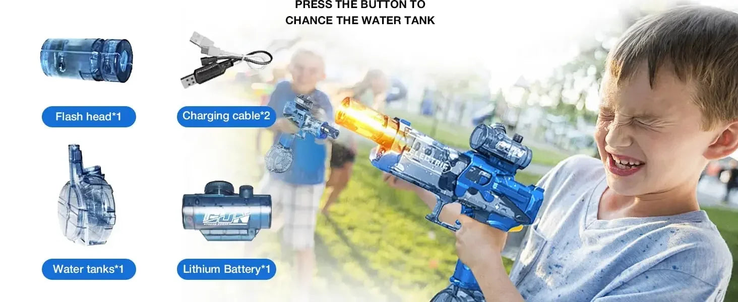 Battle Electric Water Guns，with Gun Muzzle Flame High Capacity Squirt Guns Summer Outdoor Beach Toy for Adult（blue、gray and Red）