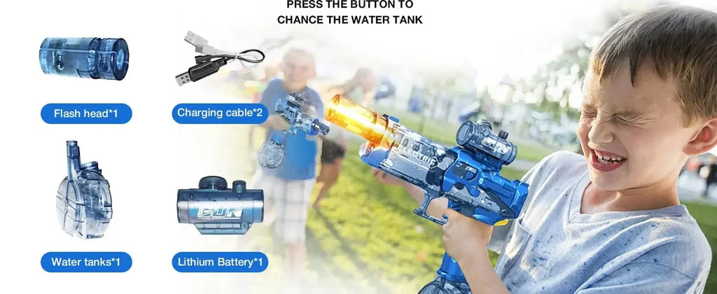 Battle Electric Water Guns，with Gun Muzzle Flame High Capacity Squirt Guns Summer Outdoor Beach Toy for Adult（blue、gray and Red）