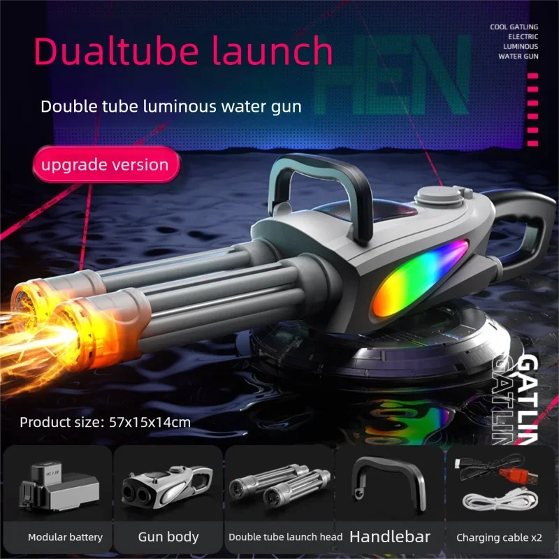 Automatic Double Rotating Gatling Water Gun Toy Gun Barrel with LED Spray Water Pistol Blaster Pool Outdoor Toy for Kids Adult
