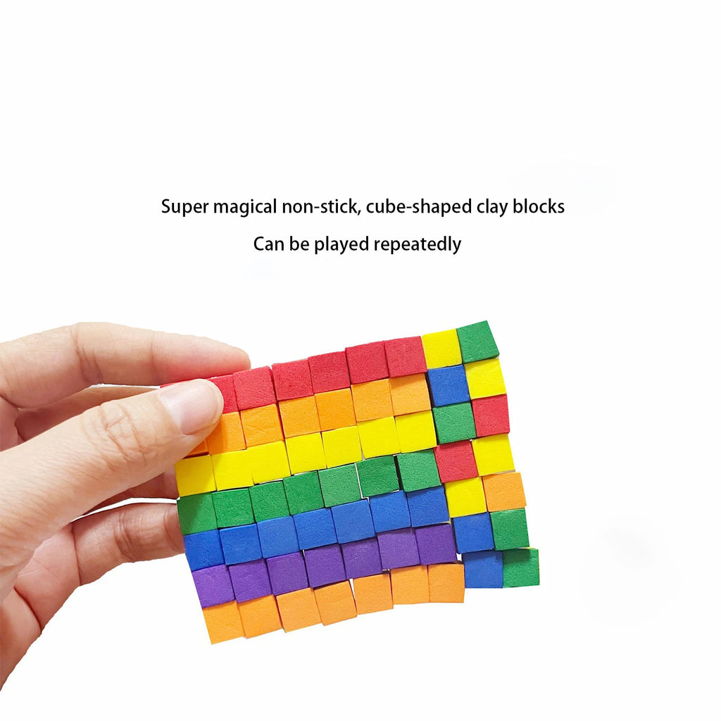 DIY puzzle and stress relief toys made of clay blocks, colorful cube blocks, and stress relief toys
