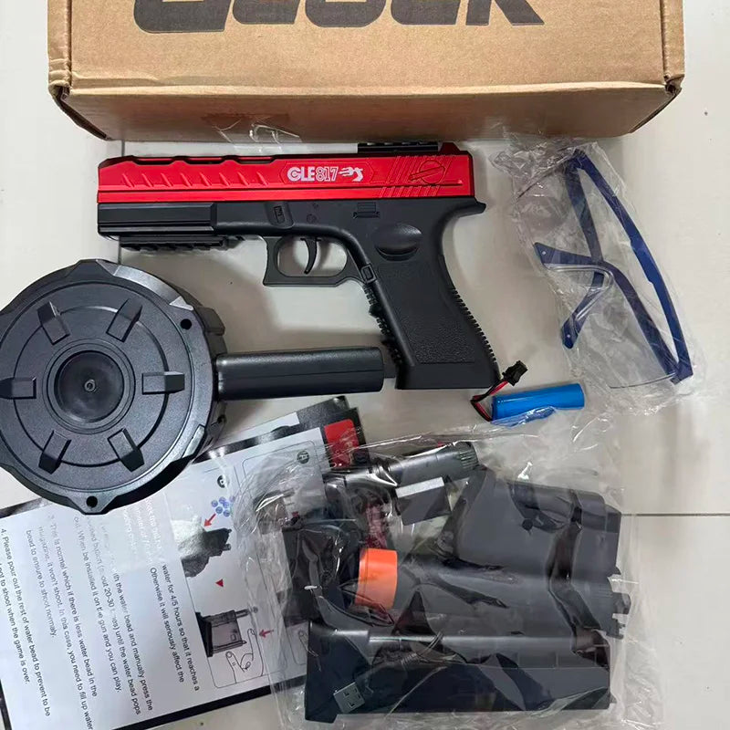 Red Electric Gel Ball Blaster Gun GLE817 - Automatic Ball Toy with Drum Mag, Red Dot & Flashlight for Outdoor Games