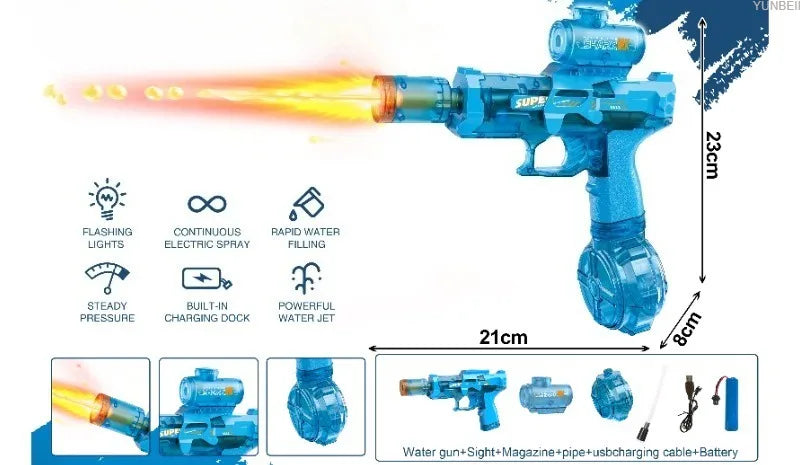 Electric Water Gun Automatic Water Blaster with LED Lights High Pressure Long Range Summer Beach Pool Outdoor Toy for Kids Adult