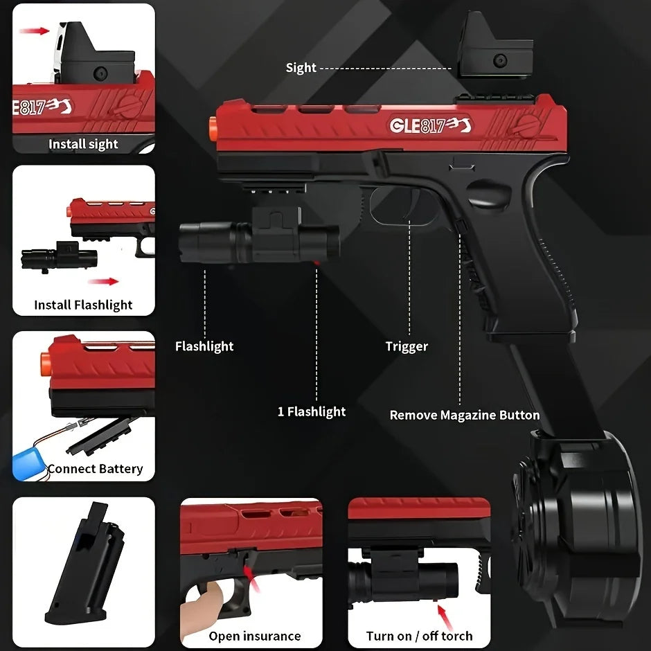 Red Electric Gel Ball Blaster Gun GLE817 - Automatic Ball Toy with Drum Mag, Red Dot & Flashlight for Outdoor Games