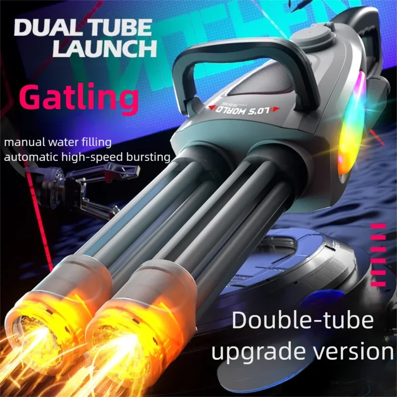 Automatic Double Rotating Gatling Water Gun Toy Gun Barrel with LED Spray Water Pistol Blaster Pool Outdoor Toy for Kids Adult
